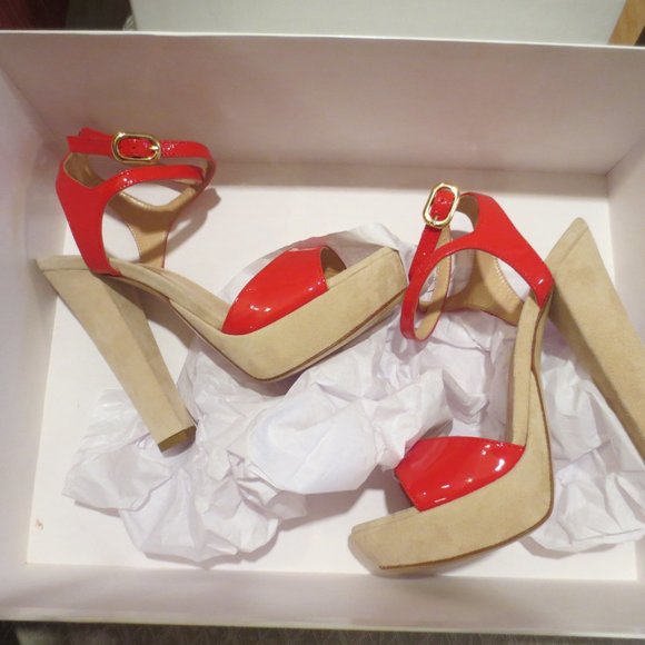 LAST CHANCE NIB CHON Red Leather Patent & Cream Suede SEXY Platform Sandals - Picture 10 of 10